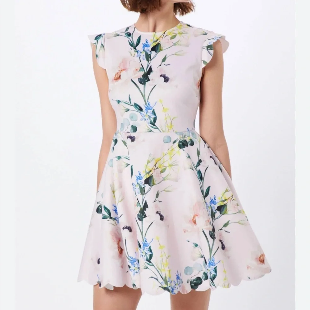Ted Baker Karsali Elegance Scallop Skater Nude Pink Floral Cap Sleeve Dress 2 XS - Picture 7 of 16